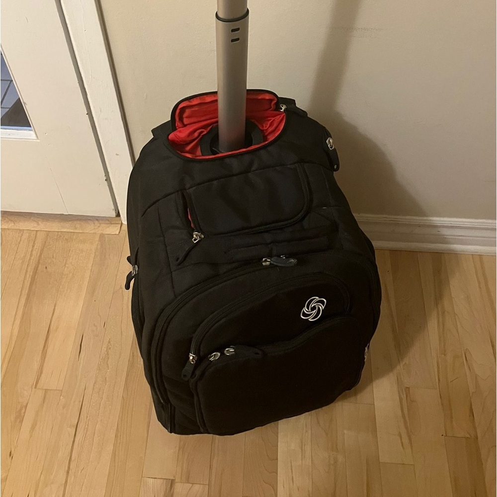 Black Rolling Backpack with Red Interior